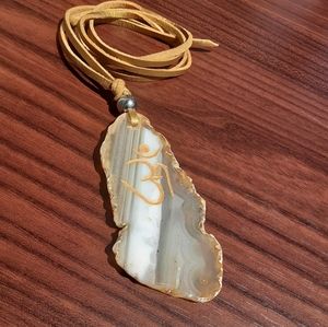 Agate OM Mantra/ Faux Gold Cord/ Silver Tone Bead Pendant/ Necklace